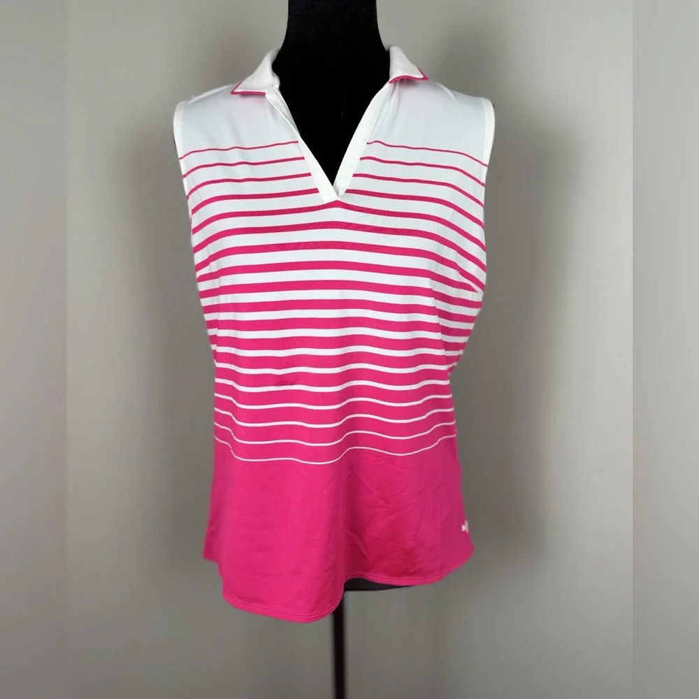 PUMA Women's Golf Shirt Medium Sleeveless Pink Stripe - Picture 9 of 11